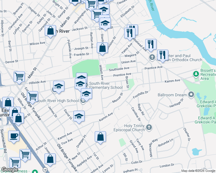 map of restaurants, bars, coffee shops, grocery stores, and more near 6 Sussex Court in South River
