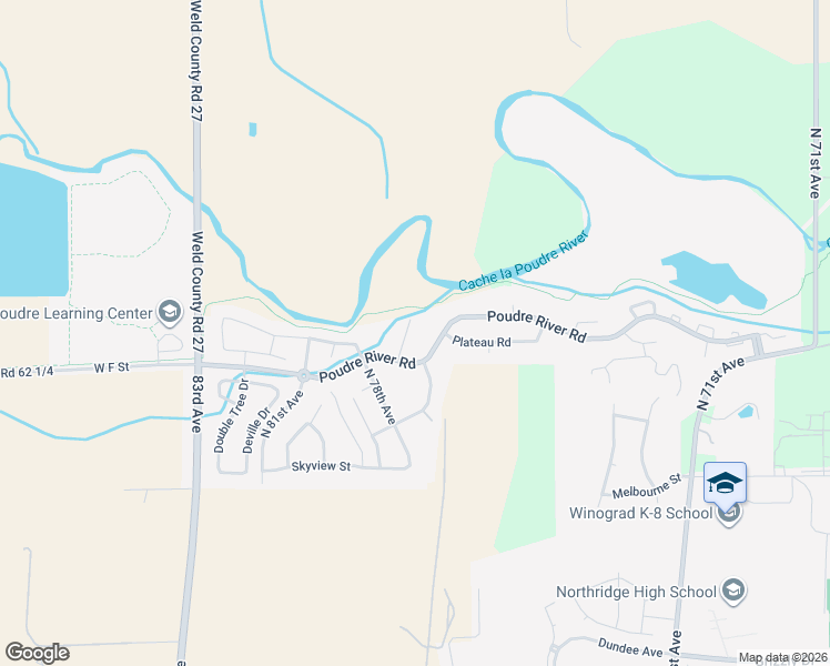 map of restaurants, bars, coffee shops, grocery stores, and more near 605 Riverside Court in Greeley