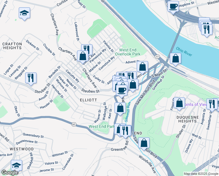map of restaurants, bars, coffee shops, grocery stores, and more near 224 Steuben Street in Pittsburgh