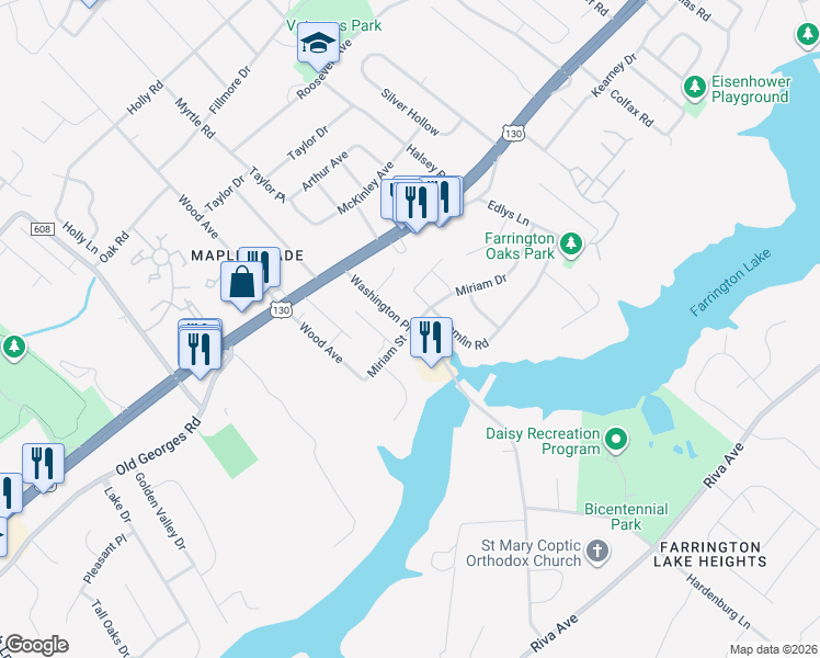 map of restaurants, bars, coffee shops, grocery stores, and more near Washington Place & Miriam Street in North Brunswick
