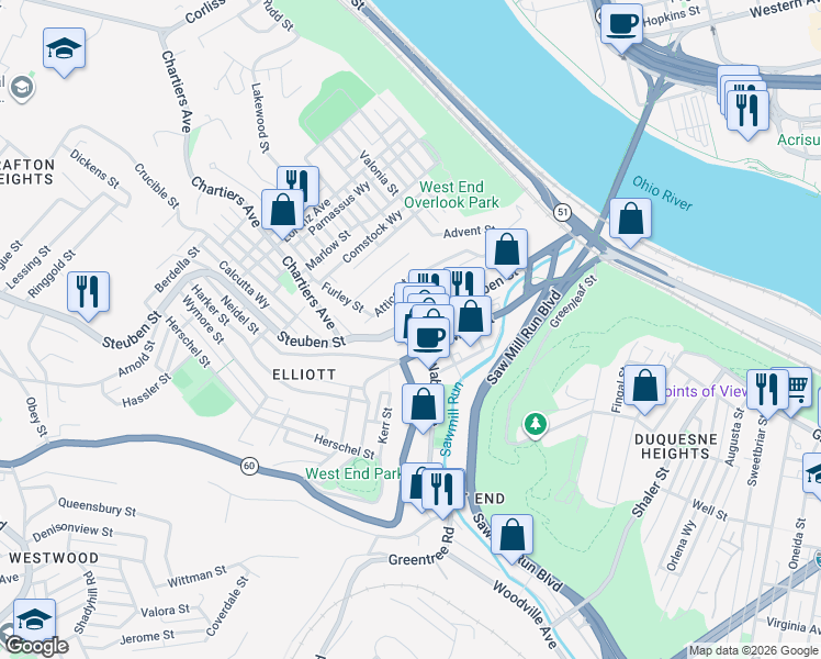 map of restaurants, bars, coffee shops, grocery stores, and more near 179 Steuben Street in Pittsburgh