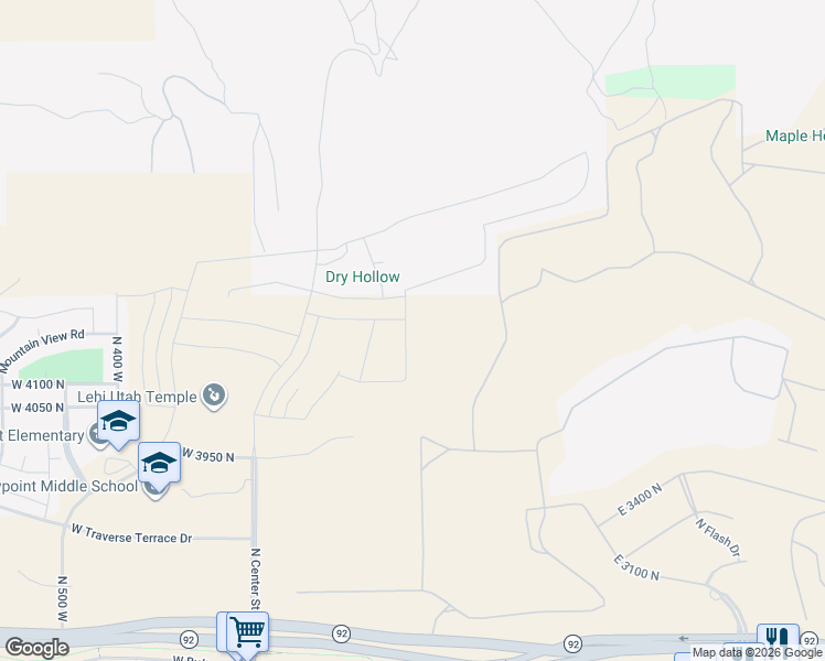 map of restaurants, bars, coffee shops, grocery stores, and more near Unnamed Road in Lehi