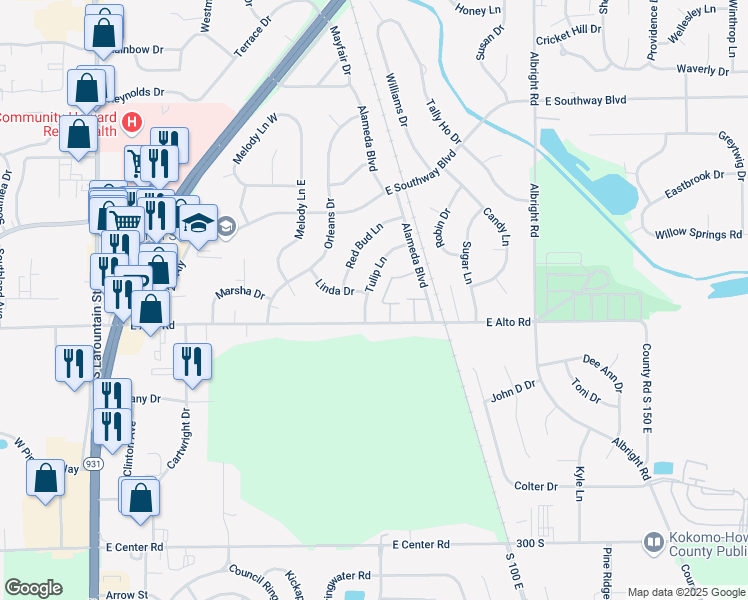 map of restaurants, bars, coffee shops, grocery stores, and more near 3912 Tulip Lane in Kokomo