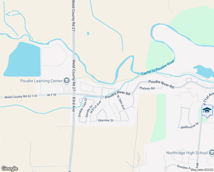 map of restaurants, bars, coffee shops, grocery stores, and more near 7907 River Run Drive in Greeley
