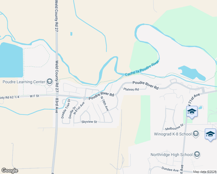 map of restaurants, bars, coffee shops, grocery stores, and more near 605 Riverside Court in Greeley