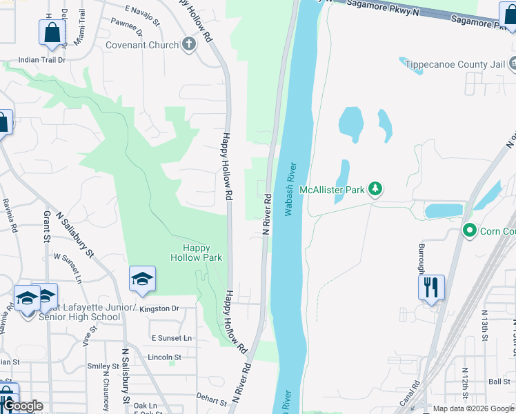 map of restaurants, bars, coffee shops, grocery stores, and more near 1730 North River Road in West Lafayette
