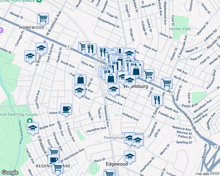 map of restaurants, bars, coffee shops, grocery stores, and more near 710 Wood Street in Pittsburgh