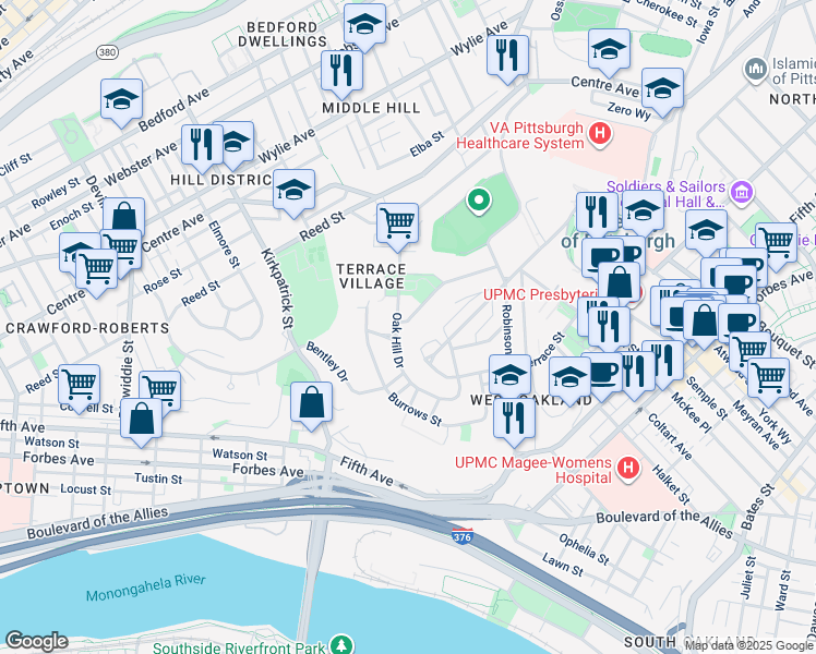 map of restaurants, bars, coffee shops, grocery stores, and more near 326 Eckstein Place in Pittsburgh