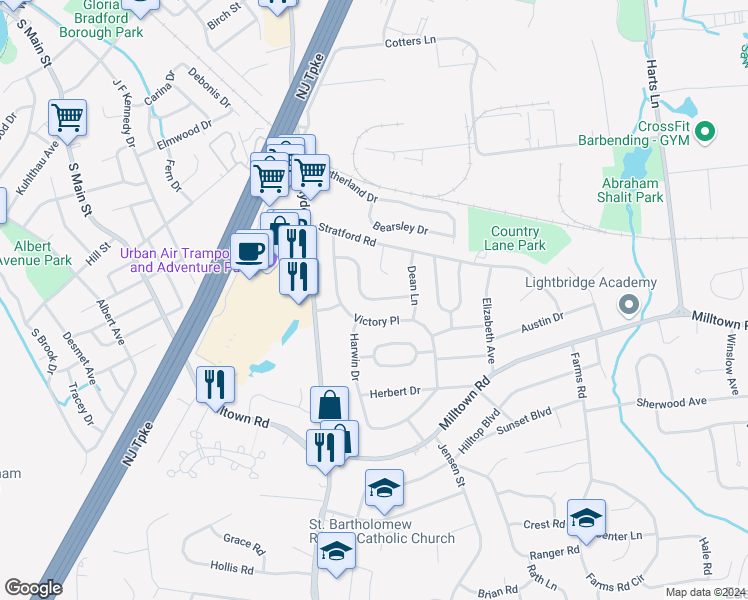 map of restaurants, bars, coffee shops, grocery stores, and more near 17 Bush Parkway in East Brunswick