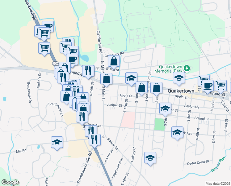 map of restaurants, bars, coffee shops, grocery stores, and more near 24 South 12th Street in Quakertown