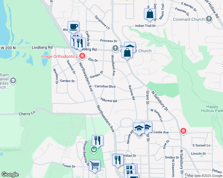 map of restaurants, bars, coffee shops, grocery stores, and more near 801 Carrolton Blvd in West Lafayette
