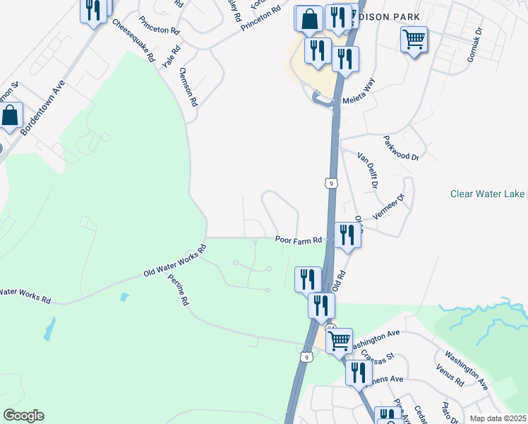 map of restaurants, bars, coffee shops, grocery stores, and more near 25 Brewster Circle in Old Bridge