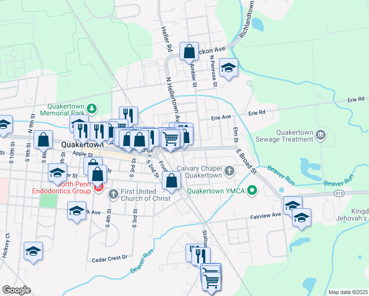 map of restaurants, bars, coffee shops, grocery stores, and more near 201 East Broad Street in Quakertown