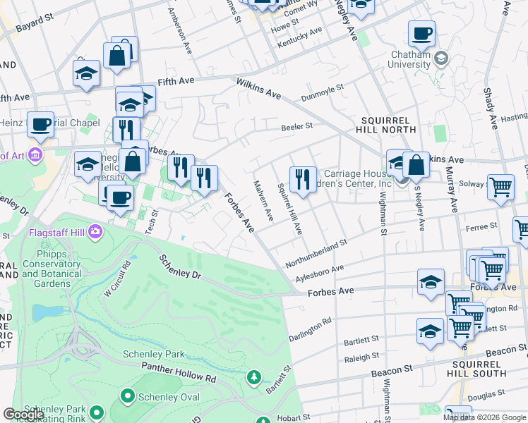 map of restaurants, bars, coffee shops, grocery stores, and more near 1324 Malvern Avenue in Pittsburgh