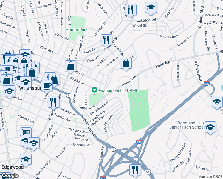 map of restaurants, bars, coffee shops, grocery stores, and more near 1425 Penn Avenue in Pittsburgh
