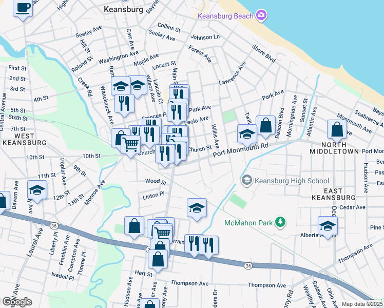 map of restaurants, bars, coffee shops, grocery stores, and more near 30 Willis Place in Keansburg