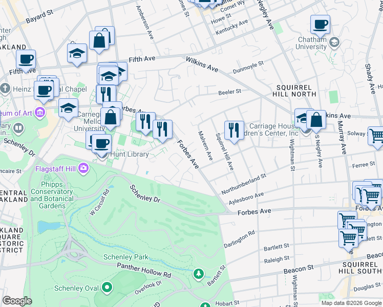 map of restaurants, bars, coffee shops, grocery stores, and more near 5255 Forbes Avenue in Pittsburgh