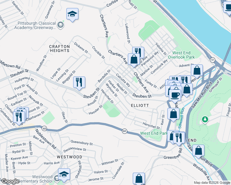map of restaurants, bars, coffee shops, grocery stores, and more near 900 Wymore Street in Pittsburgh