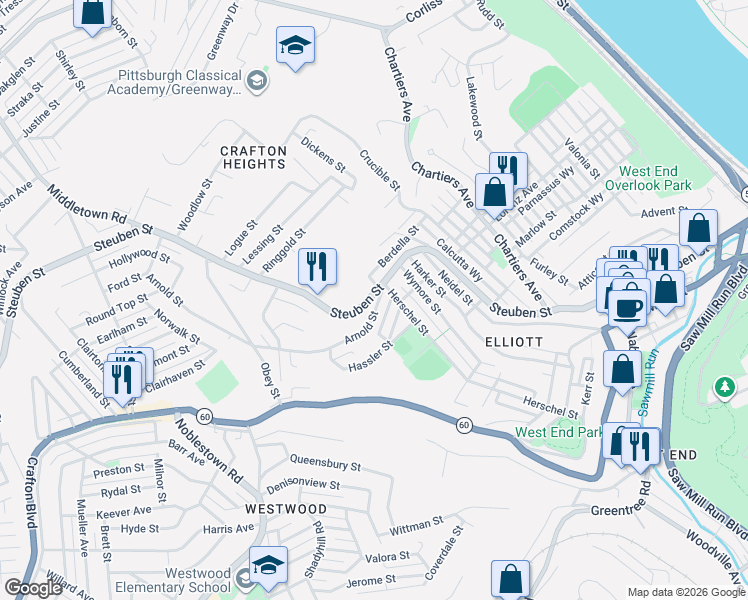 map of restaurants, bars, coffee shops, grocery stores, and more near in Pittsburgh