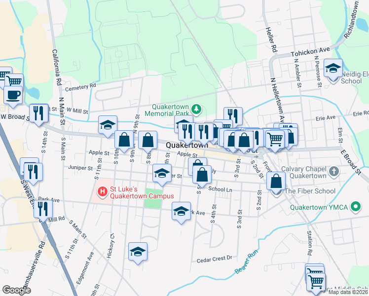 map of restaurants, bars, coffee shops, grocery stores, and more near in Quakertown