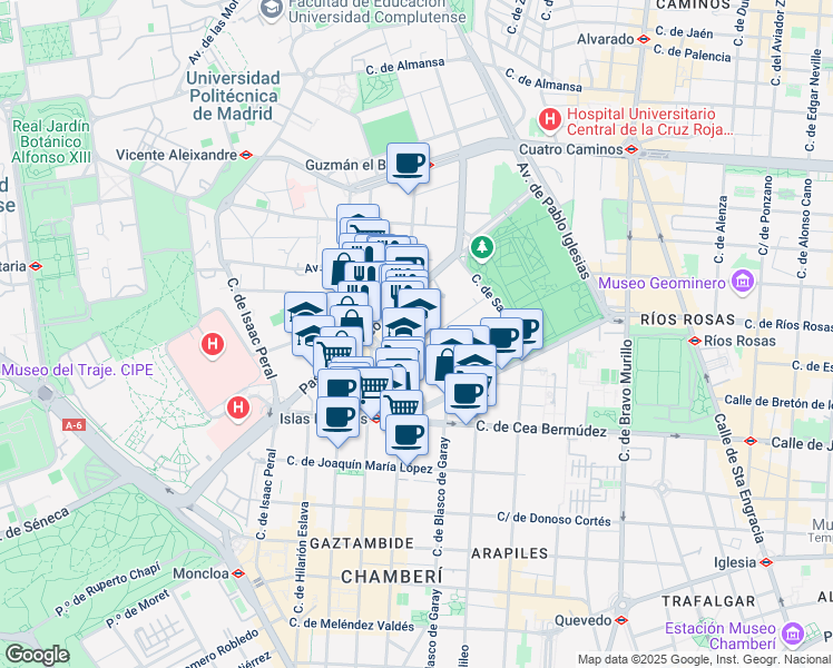 map of restaurants, bars, coffee shops, grocery stores, and more near 98 Calle de Guzmán el Bueno in Madrid