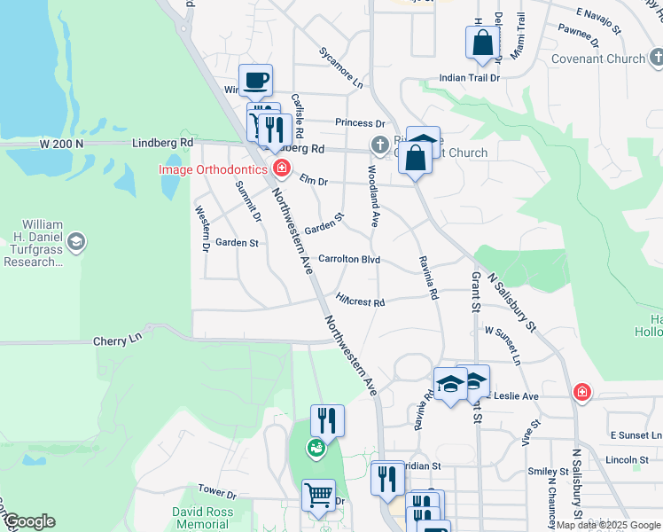 map of restaurants, bars, coffee shops, grocery stores, and more near 911 Carrolton Boulevard in West Lafayette