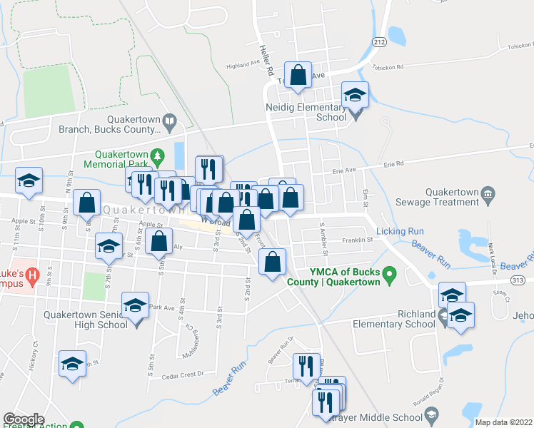 map of restaurants, bars, coffee shops, grocery stores, and more near 111 East Broad Street in Quakertown
