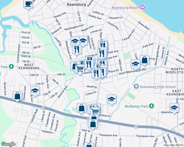 map of restaurants, bars, coffee shops, grocery stores, and more near 32 Church Street in Keansburg