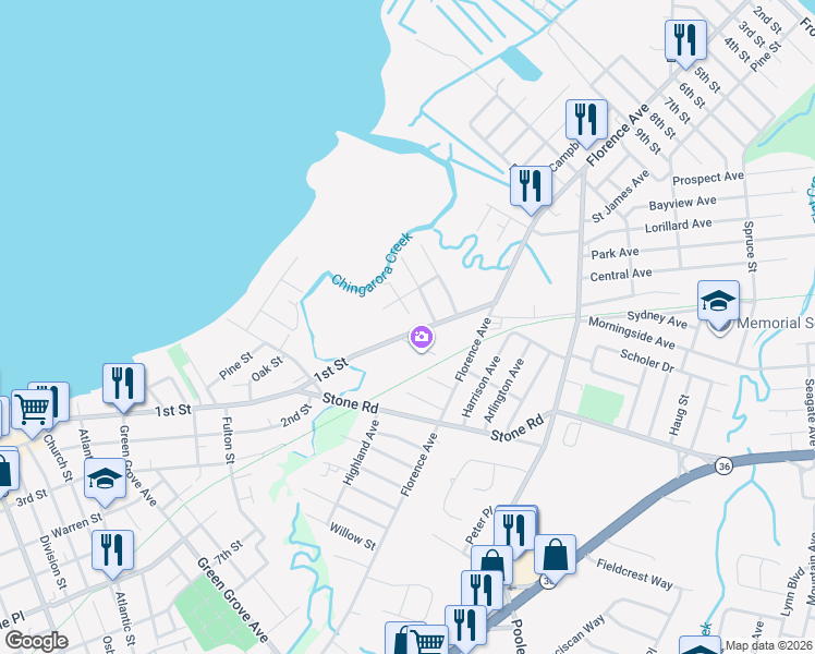 map of restaurants, bars, coffee shops, grocery stores, and more near 233 Broadway in Union Beach