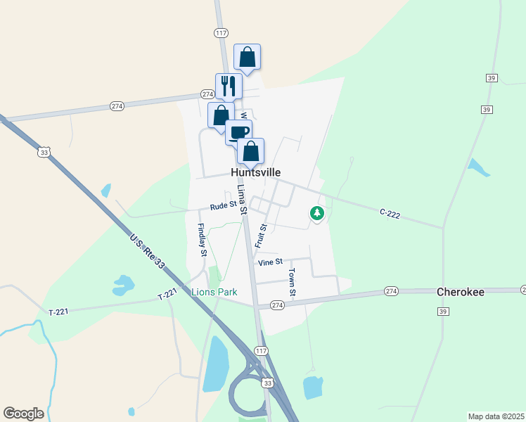 map of restaurants, bars, coffee shops, grocery stores, and more near 6559 Fruit Street in Huntsville