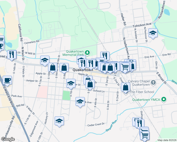 map of restaurants, bars, coffee shops, grocery stores, and more near 512 West Broad Street in Quakertown