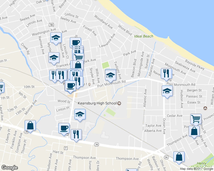map of restaurants, bars, coffee shops, grocery stores, and more near 110 Port Monmouth Road in Keansburg