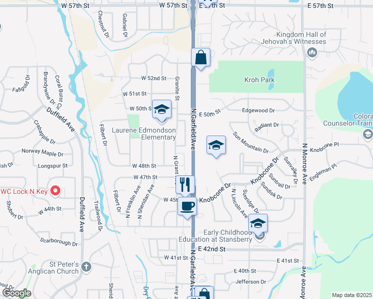 map of restaurants, bars, coffee shops, grocery stores, and more near 4854 Basswood Drive in Loveland