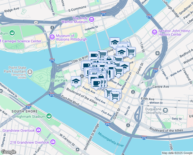 map of restaurants, bars, coffee shops, grocery stores, and more near 510 Market Street in Pittsburgh