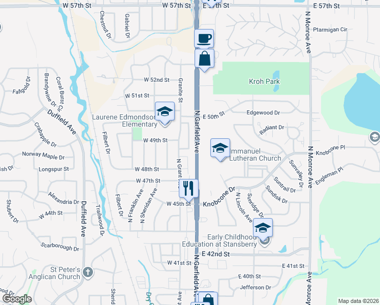 map of restaurants, bars, coffee shops, grocery stores, and more near 4854 Basswood Drive in Loveland