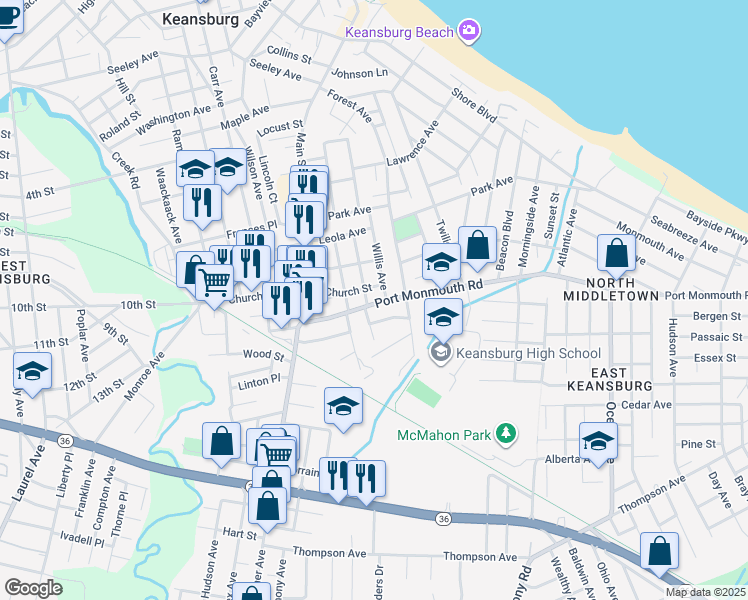 map of restaurants, bars, coffee shops, grocery stores, and more near 75 Port Monmouth Road in Keansburg