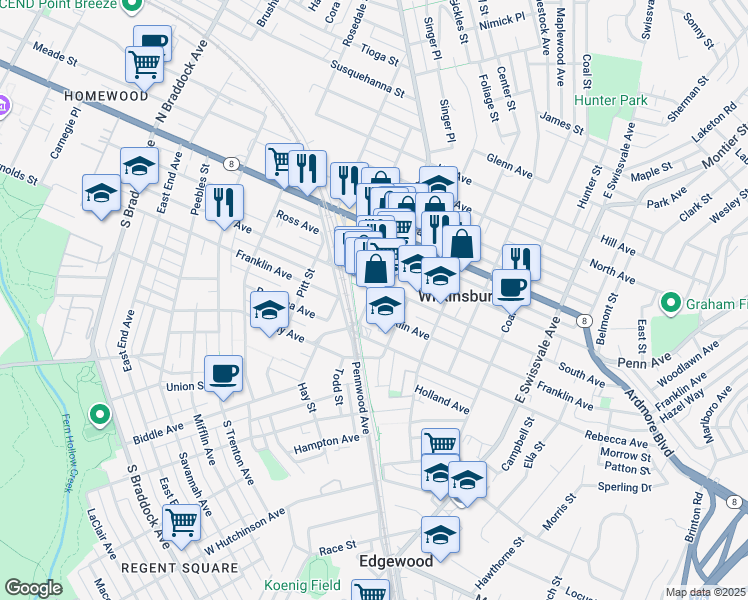 map of restaurants, bars, coffee shops, grocery stores, and more near 710 Wood Street in Pittsburgh
