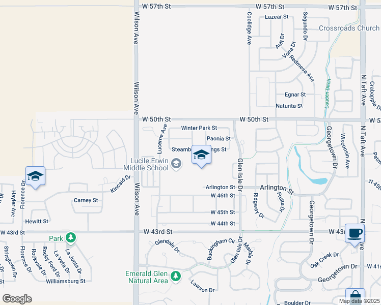 map of restaurants, bars, coffee shops, grocery stores, and more near 2450 Steamboat Springs Street in Loveland