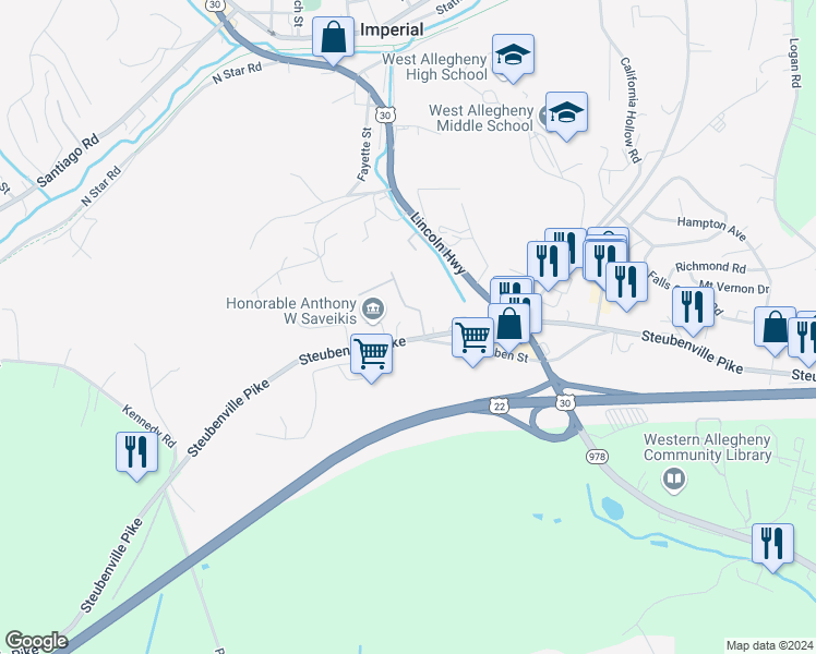 map of restaurants, bars, coffee shops, grocery stores, and more near 8034 Steubenville Pike in Oakdale