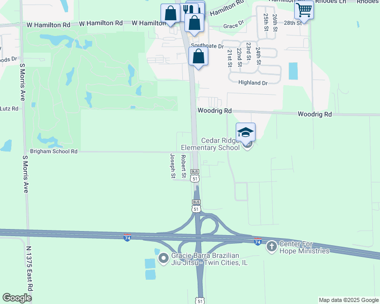 map of restaurants, bars, coffee shops, grocery stores, and more near 201 Brigham School Road in Bloomington
