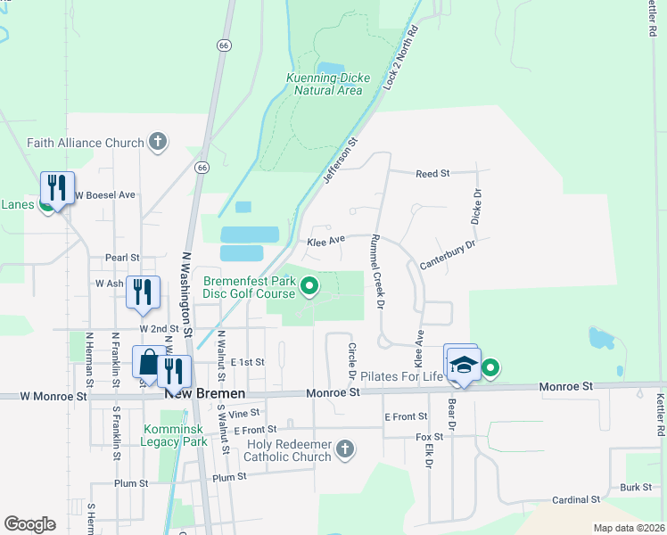 map of restaurants, bars, coffee shops, grocery stores, and more near 9 Adams Place in New Bremen