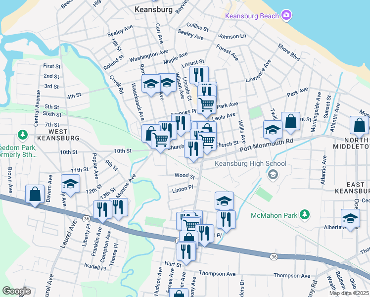 map of restaurants, bars, coffee shops, grocery stores, and more near 32 Church Street in Keansburg