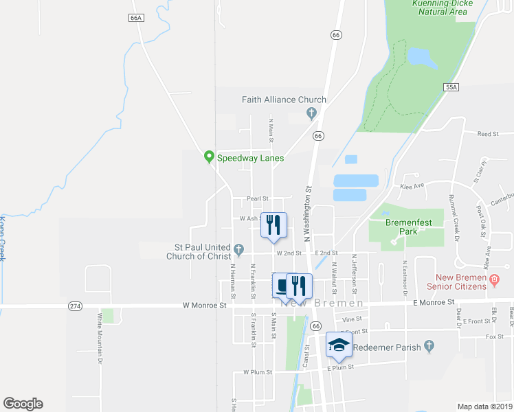 map of restaurants, bars, coffee shops, grocery stores, and more near 310 North Franklin Street in New Bremen