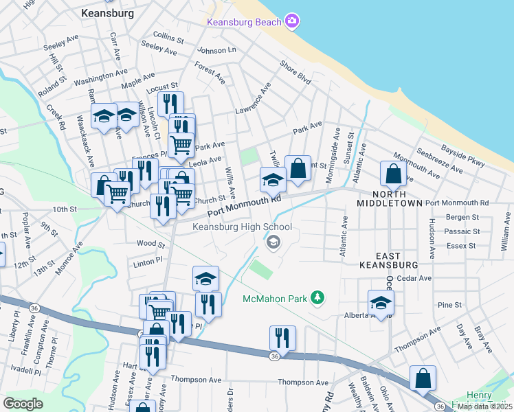 map of restaurants, bars, coffee shops, grocery stores, and more near 110 Port Monmouth Road in Keansburg
