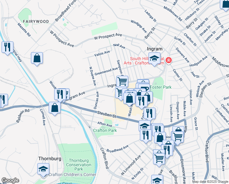 map of restaurants, bars, coffee shops, grocery stores, and more near 9 Linshaw Avenue in Pittsburgh