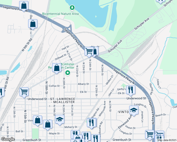 map of restaurants, bars, coffee shops, grocery stores, and more near 2400 Roosevelt Avenue in Lafayette