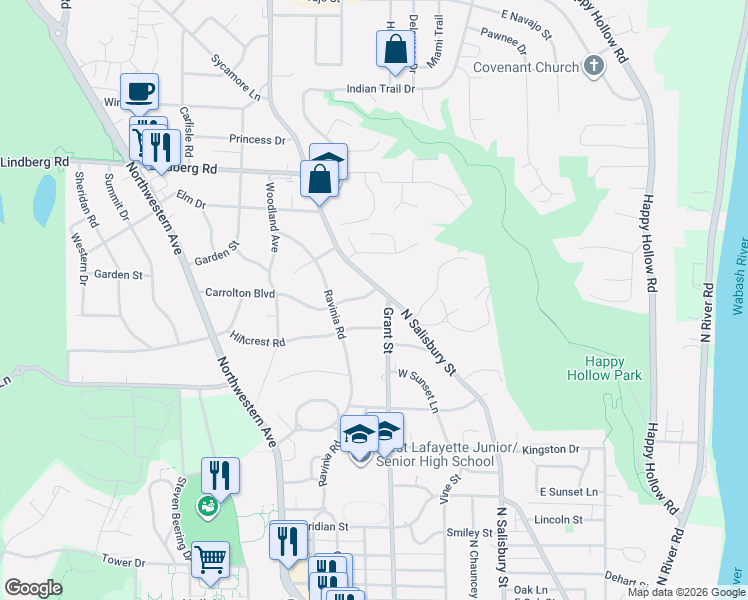 map of restaurants, bars, coffee shops, grocery stores, and more near 509 Carrolton Boulevard in West Lafayette