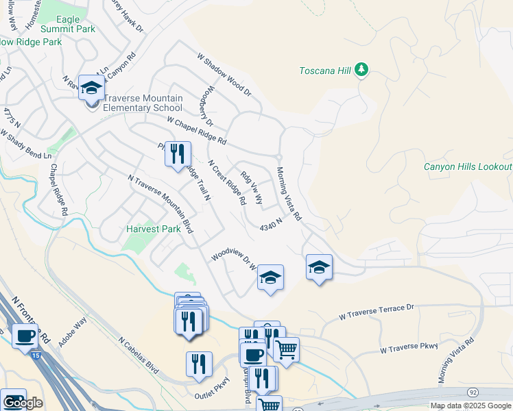 map of restaurants, bars, coffee shops, grocery stores, and more near 4379 North Ridge View Way in Lehi