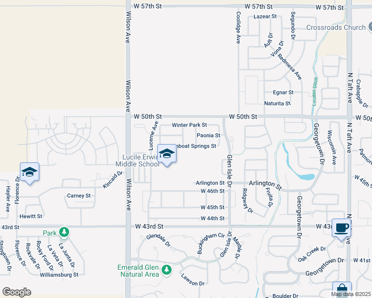 map of restaurants, bars, coffee shops, grocery stores, and more near 2450 Steamboat Springs Street in Loveland