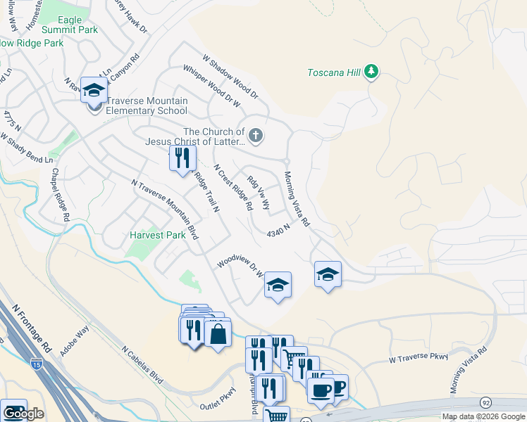 map of restaurants, bars, coffee shops, grocery stores, and more near 4379 Ridge View Way in Lehi